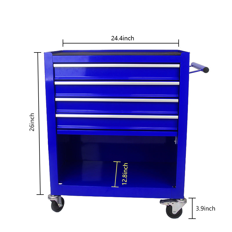 Blue drawer rolling tool chest with silver handles and casters for workshop organization