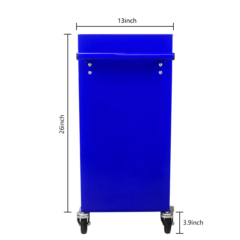 Compact blue tool cart with inch width and inch height on swivel casters