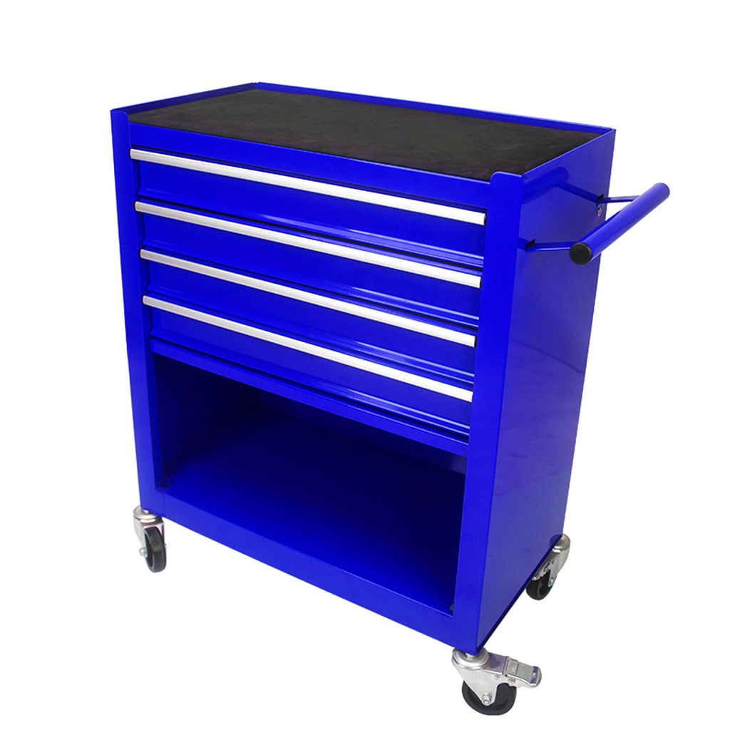 Blue drawer rolling tool chest with silver handles and black top