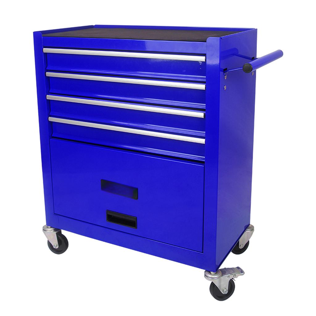 Blue multidrawer rolling tool chest with silver handles and casters