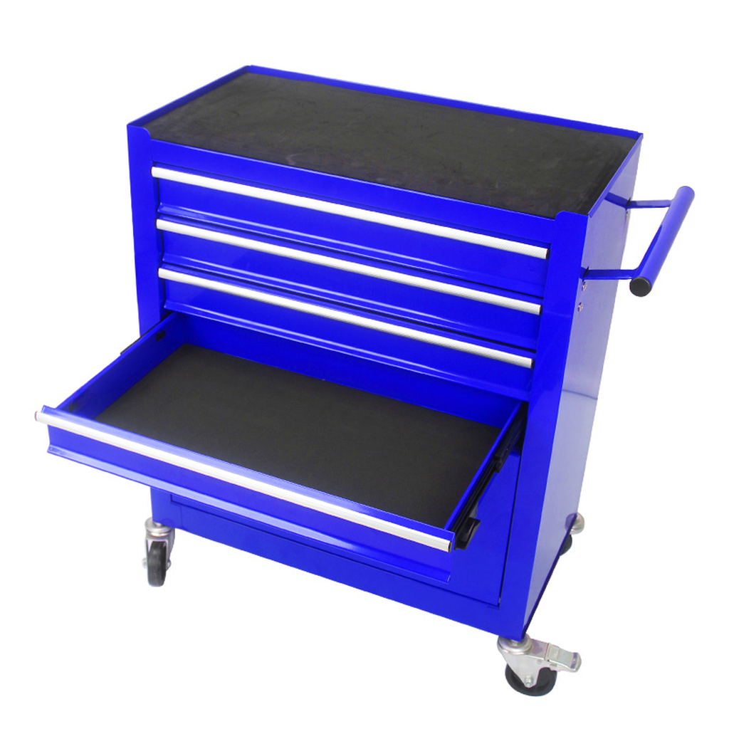 Blue drawer rolling tool chest with one open drawer and black top