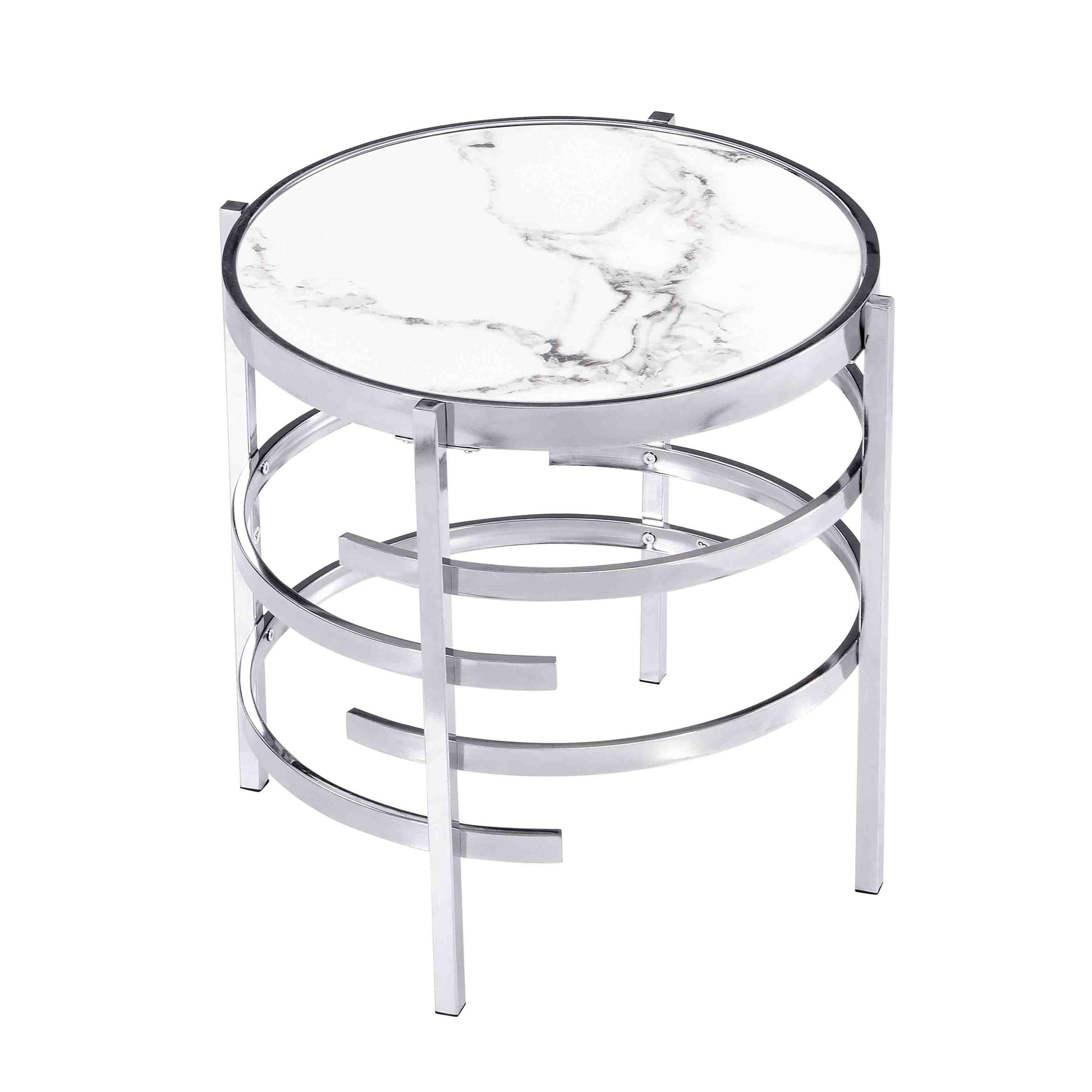 Round marble top side table with polished chrome metal frame and unique curved accents