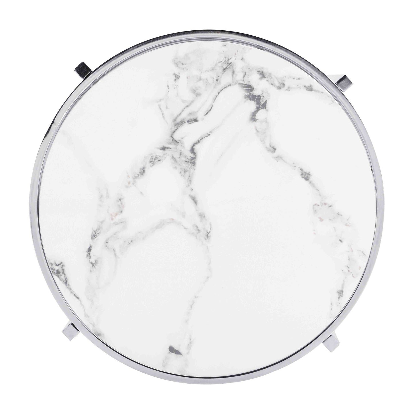 Round marble coffee table with chrome legs and a white and grey marbled top