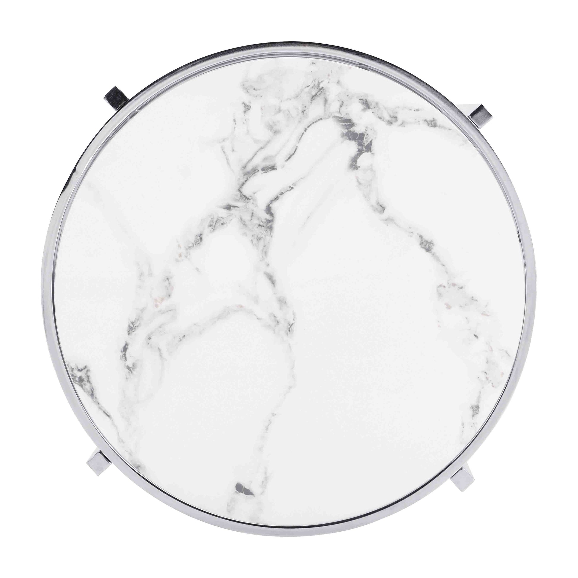 Round marble coffee table with chrome legs and a white and grey marbled top
