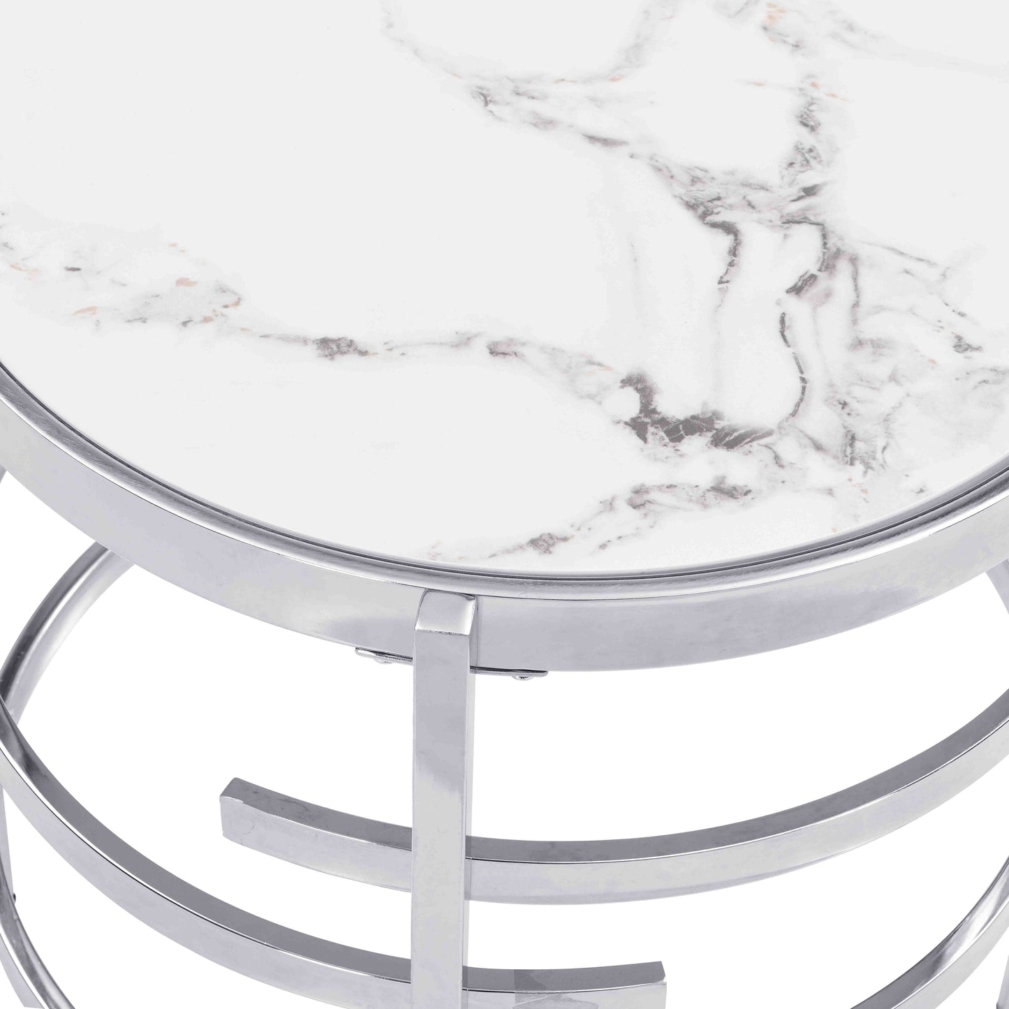 Round white marble coffee table with polished chrome frame