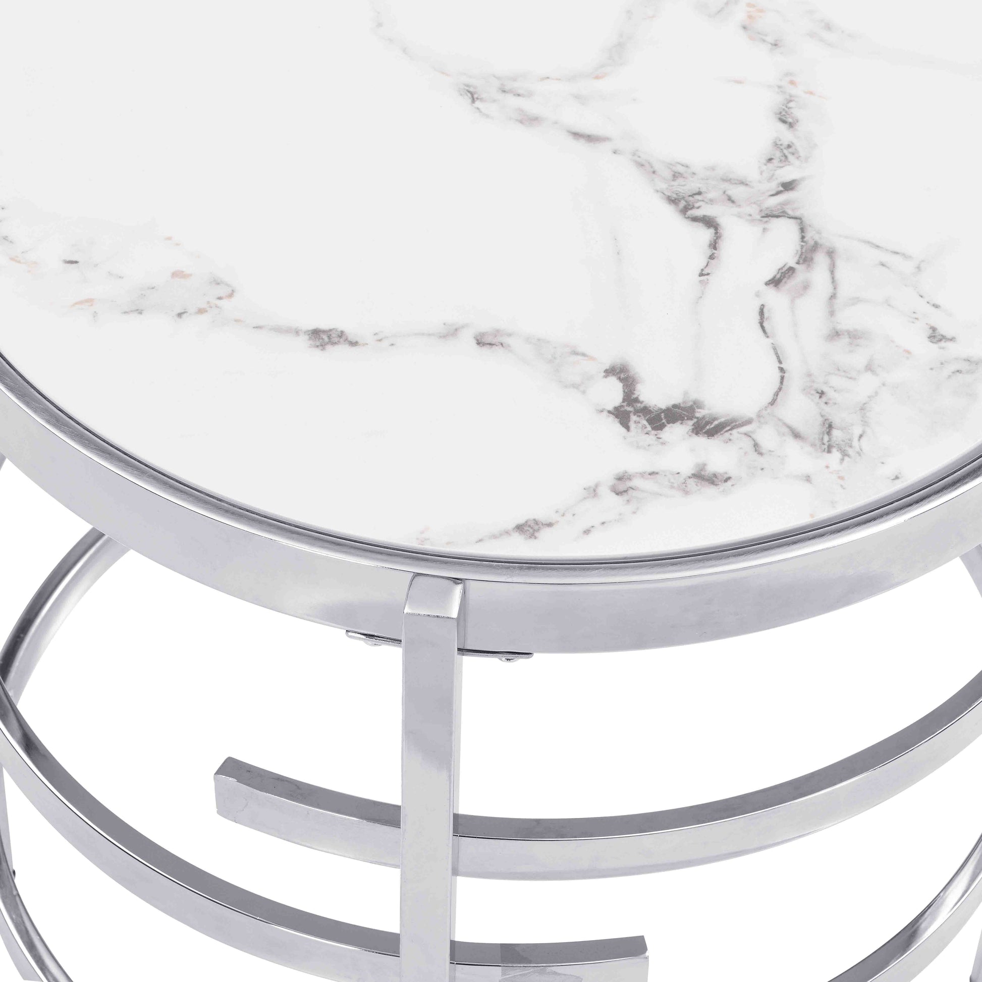 Round white marble coffee table with polished chrome frame