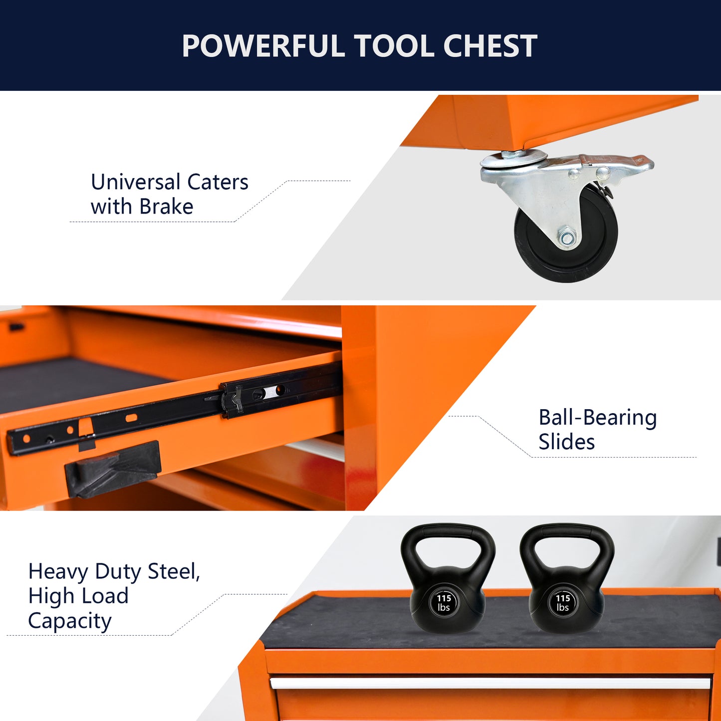 Orange tool chest caster with brake for secure placement