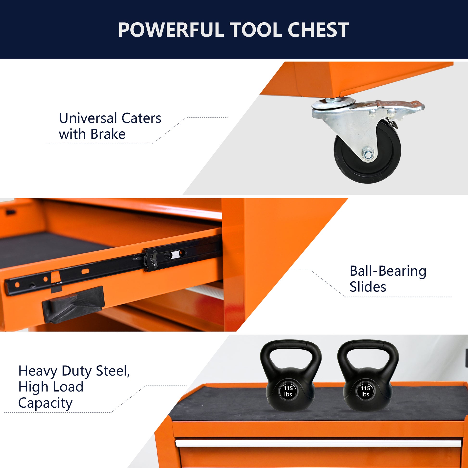 Orange tool chest caster with brake for secure placement