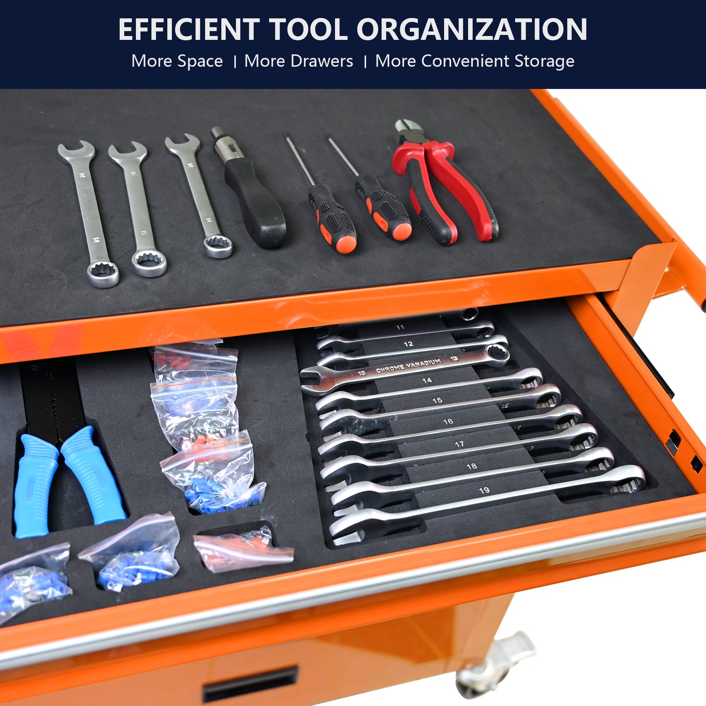 Set of silver combination wrenches in a black foam organizer tray mm to mm