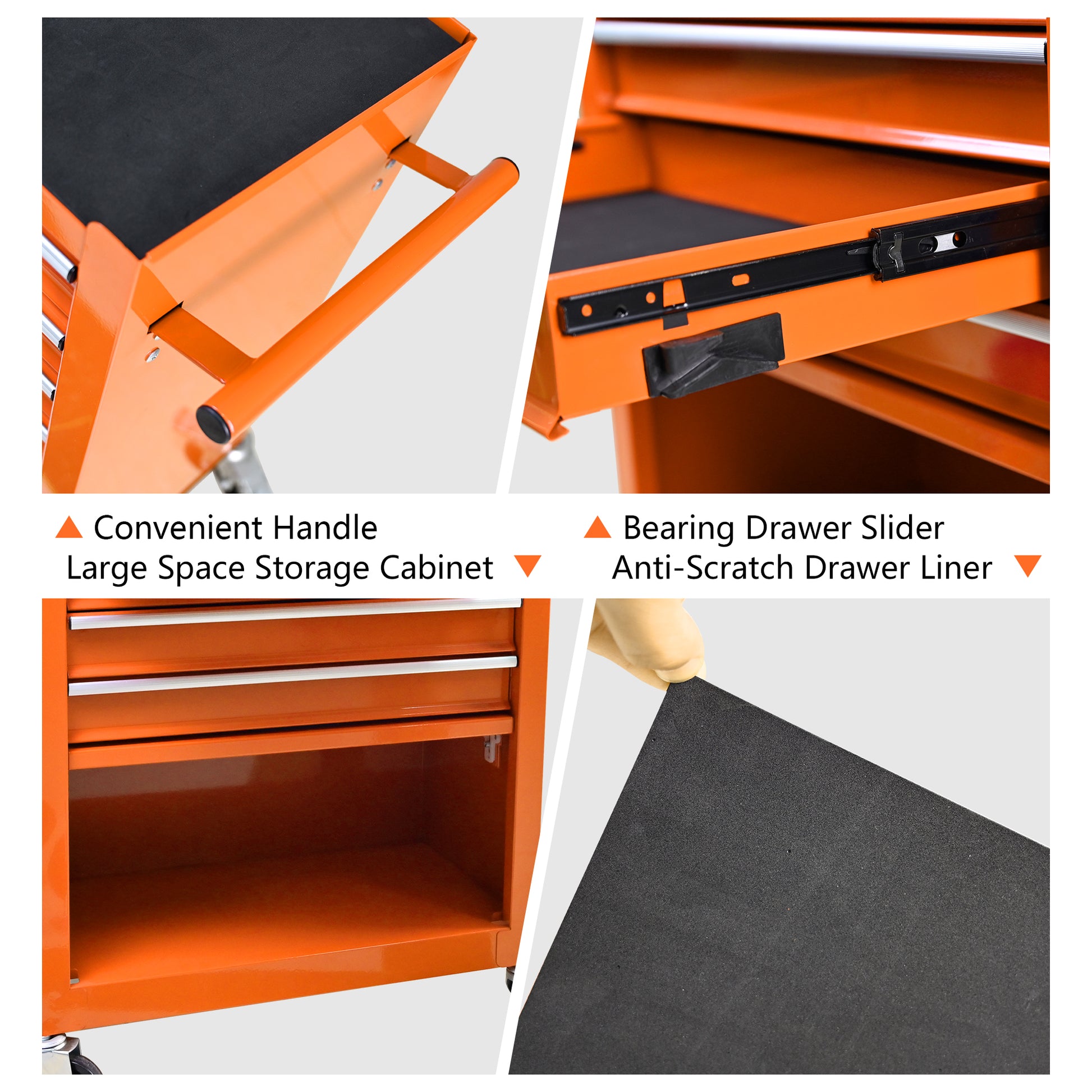 Orange metal tool chest with a convenient side handle for mobility