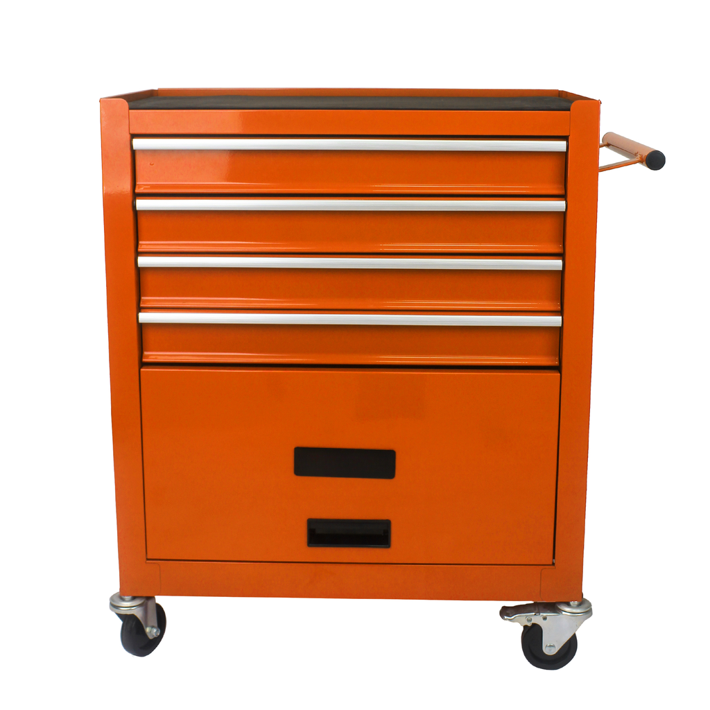 Orange metal rolling tool chest with  drawers and black handles