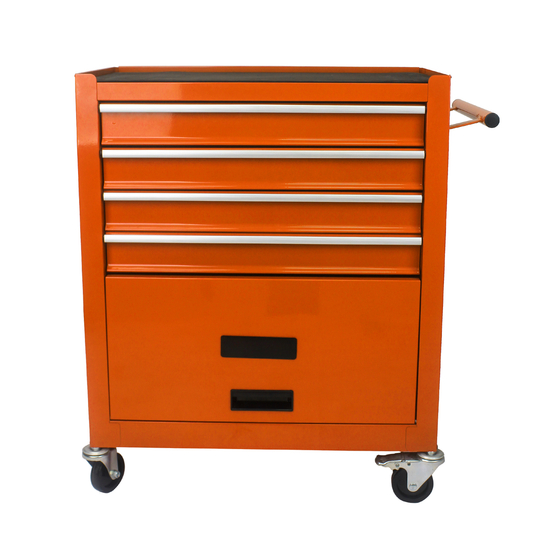 Orange metal rolling tool chest with  drawers and black handles