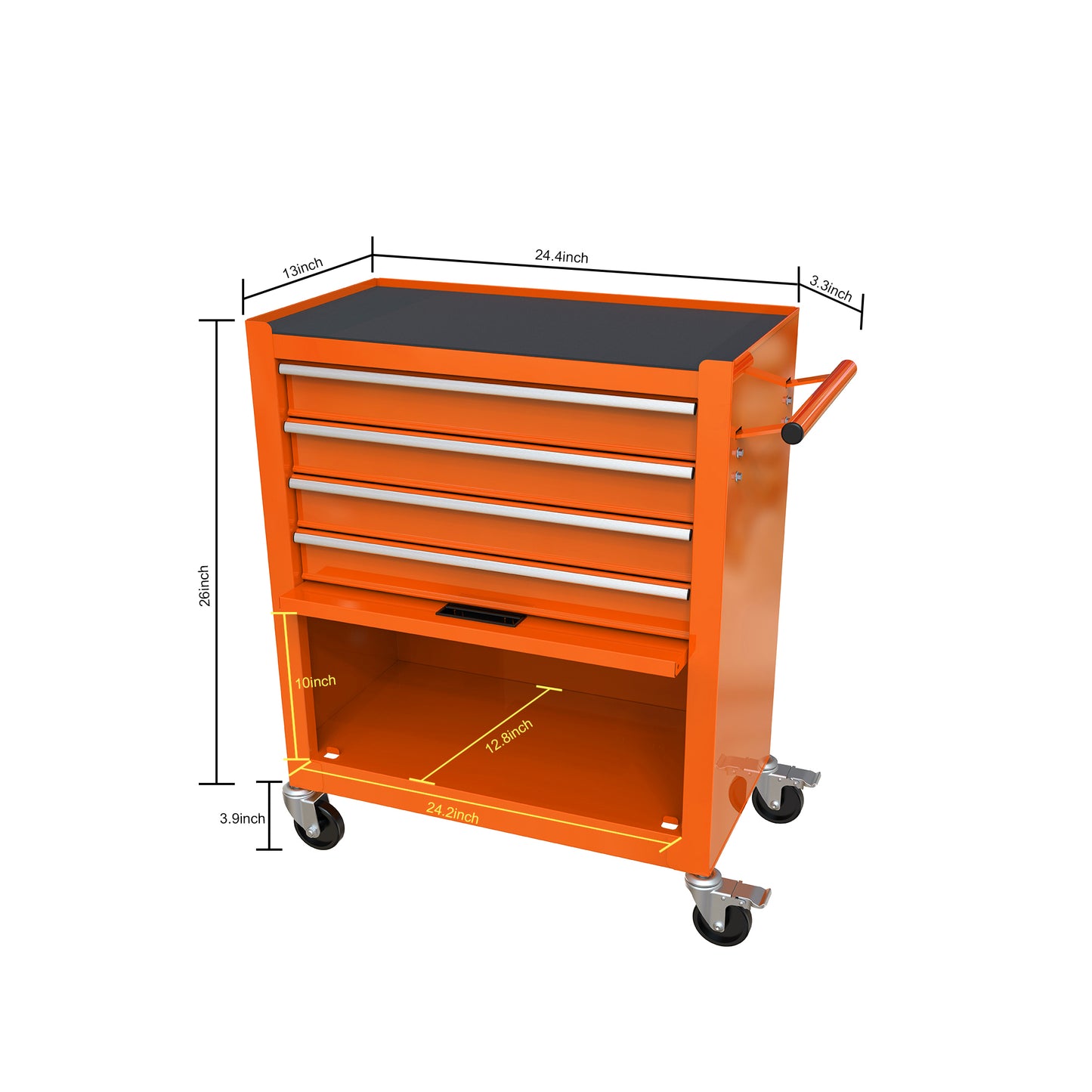 Orange rolling tool chest with four drawers and an open shelf