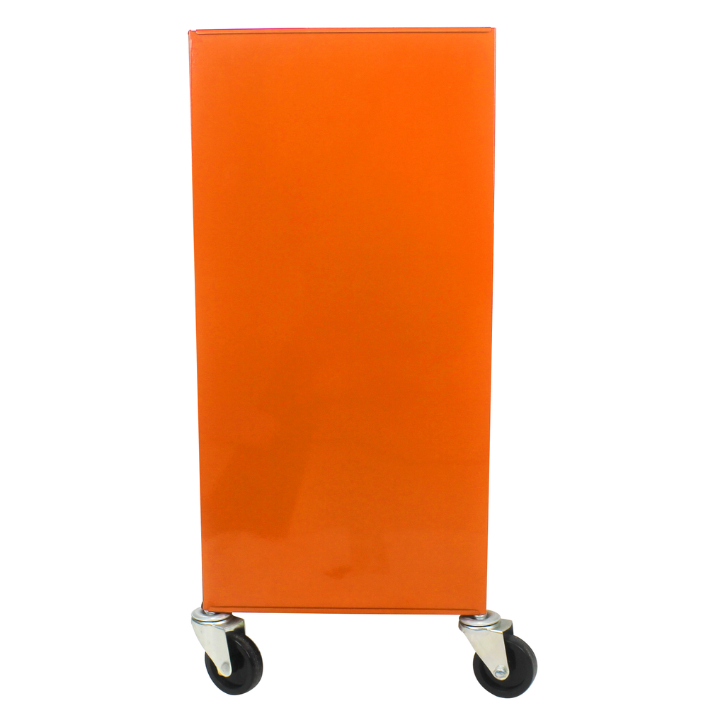 Orange metal rolling storage cart with black casters for office or garage organization