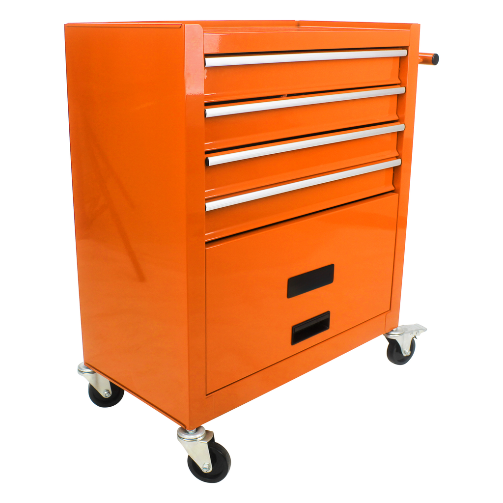 Orange metal tool chest with  drawers and caster wheels for mobile storage