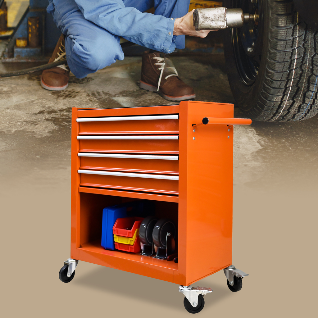 Orange fivedrawer rolling tool chest with silver handles and casters