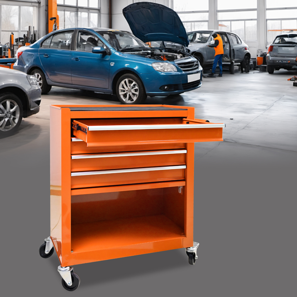 Orange drawer tool cart with open top drawer ideal for garage organization