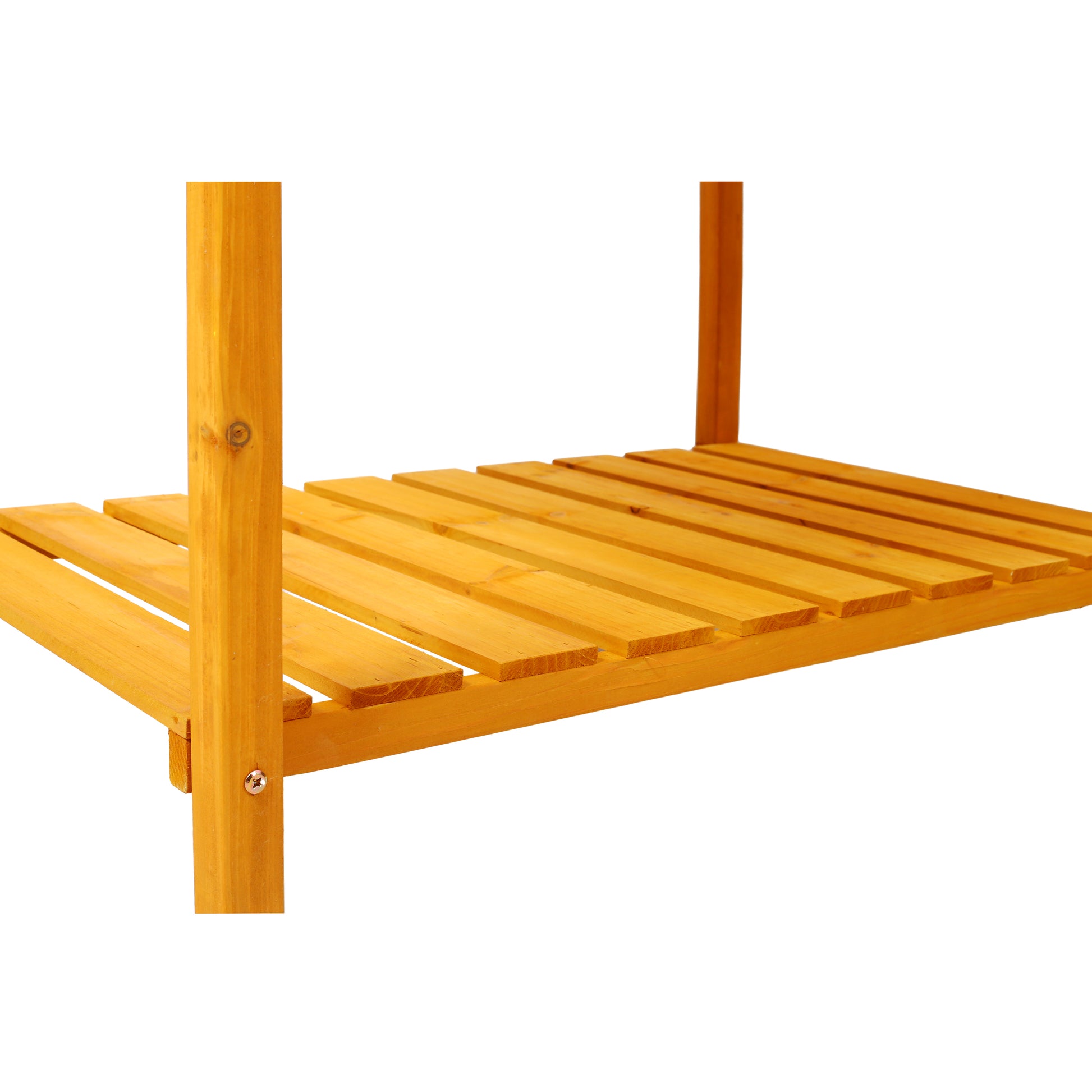 Golden wood tiered shelf with slatted surface for plants and decor