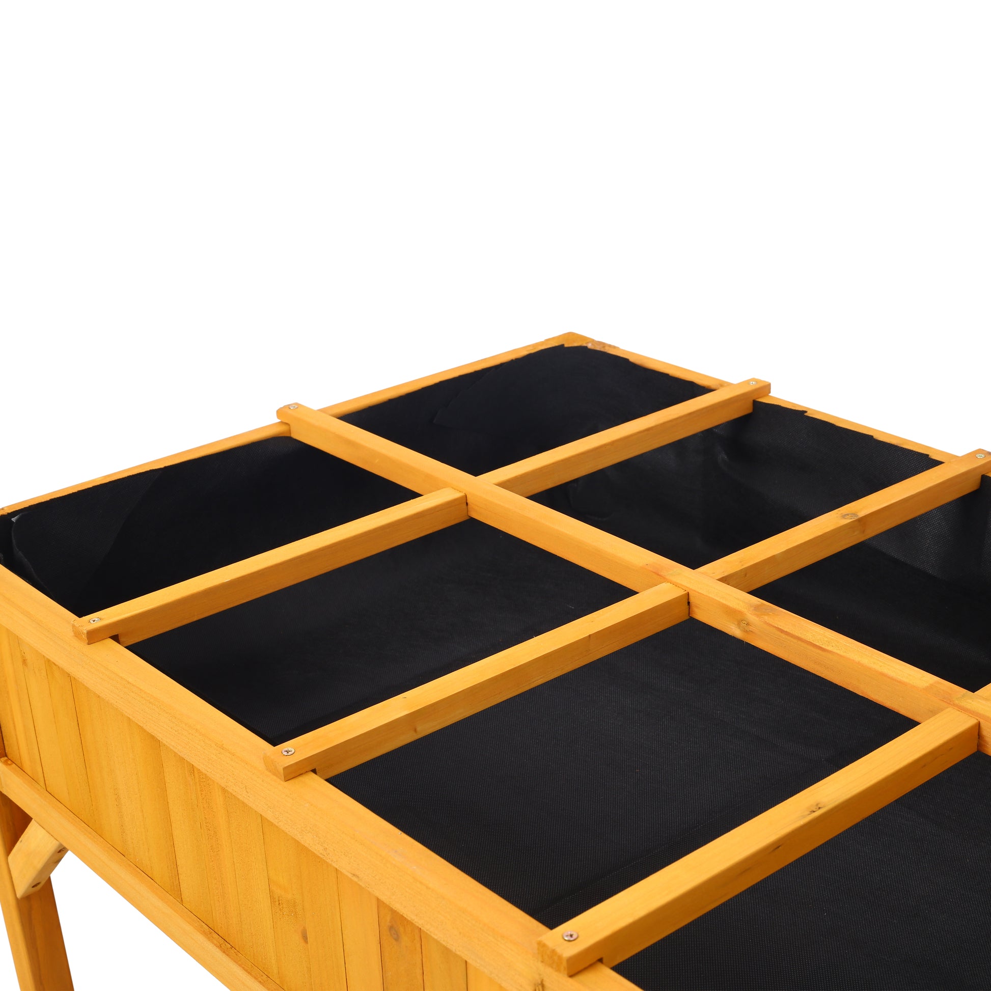 Natural wood tiered garden bed with black fabric liner