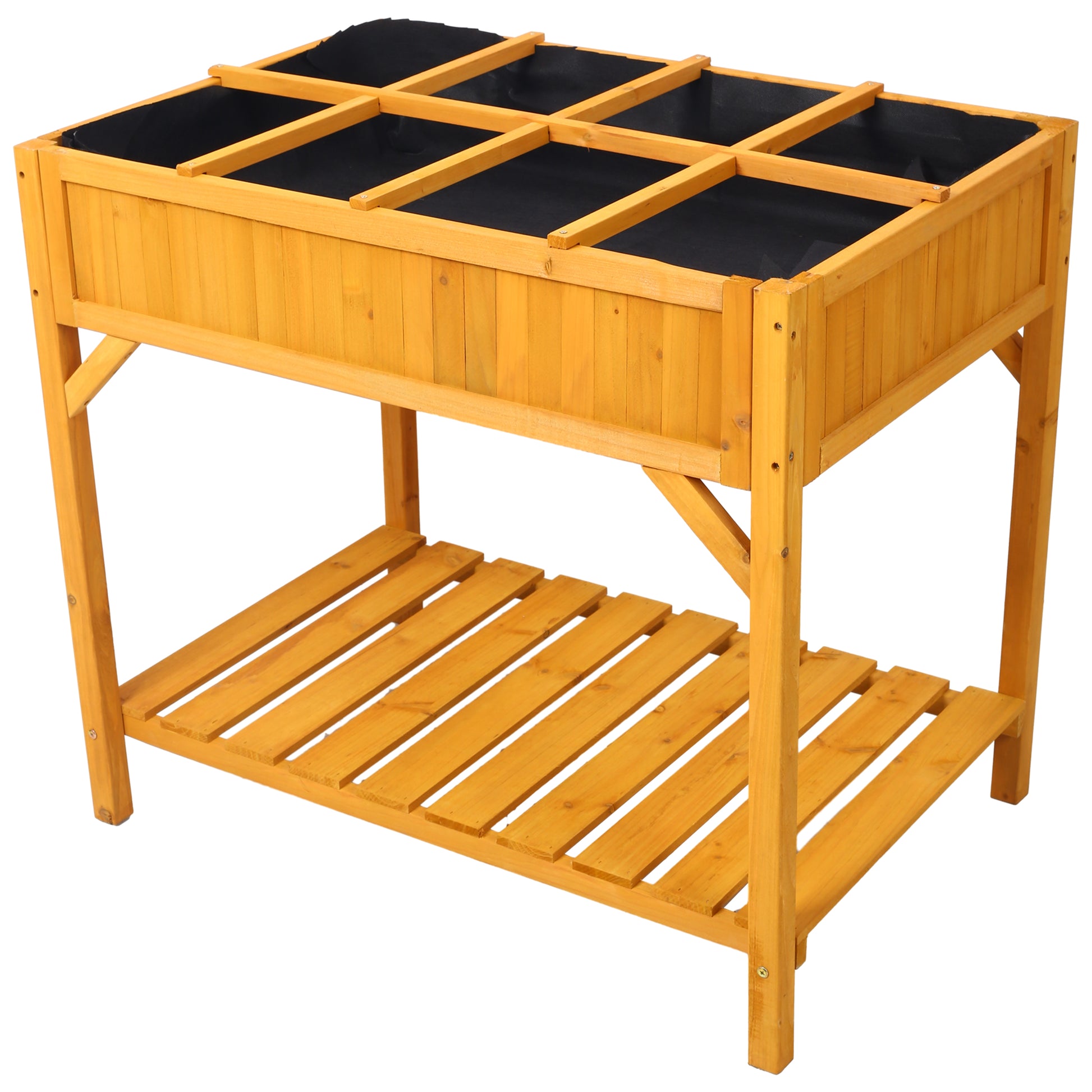 Wooden raised garden bed with black liner and shelf for outdoor planting