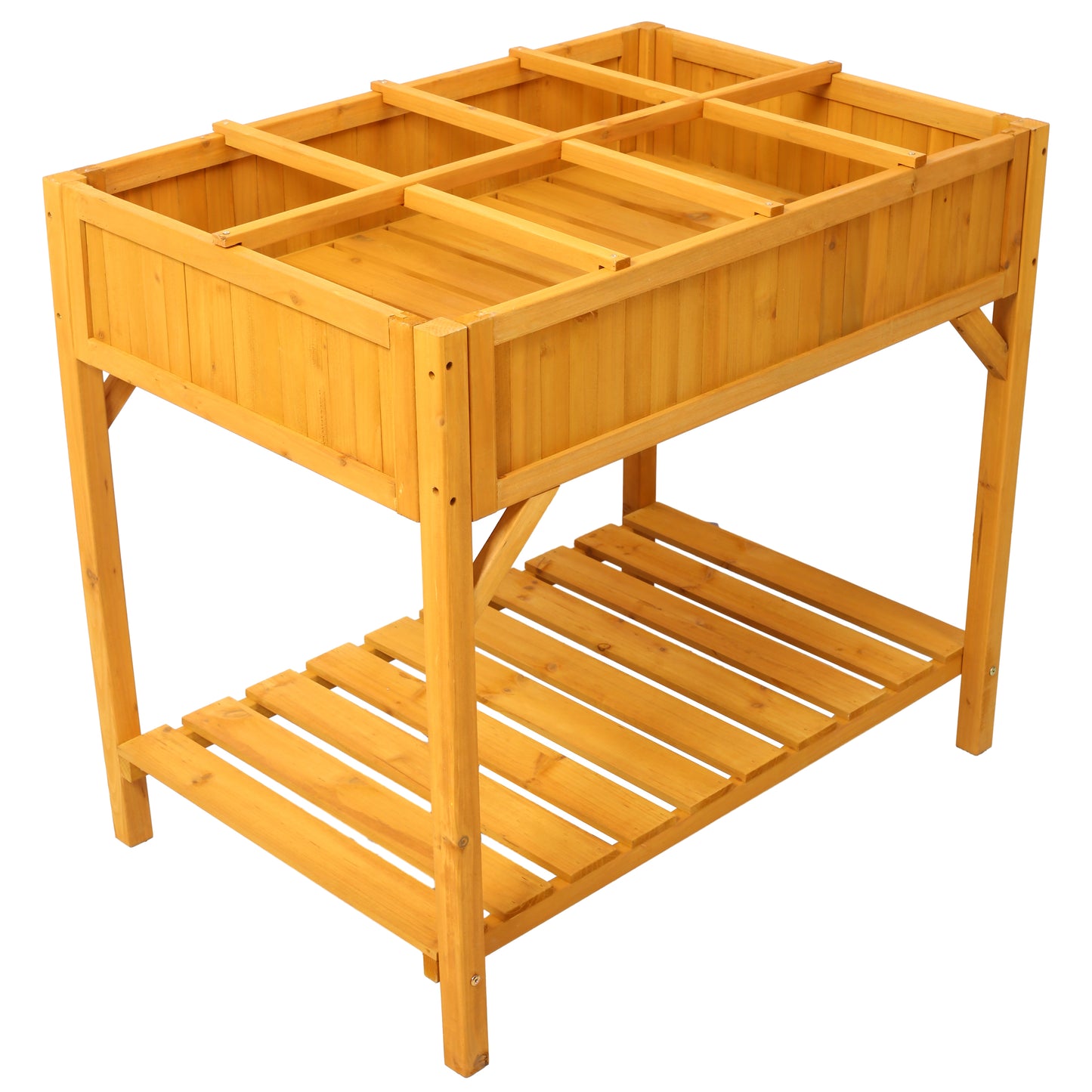 Natural wood raised garden bed with a lower shelf and grid dividers for planting