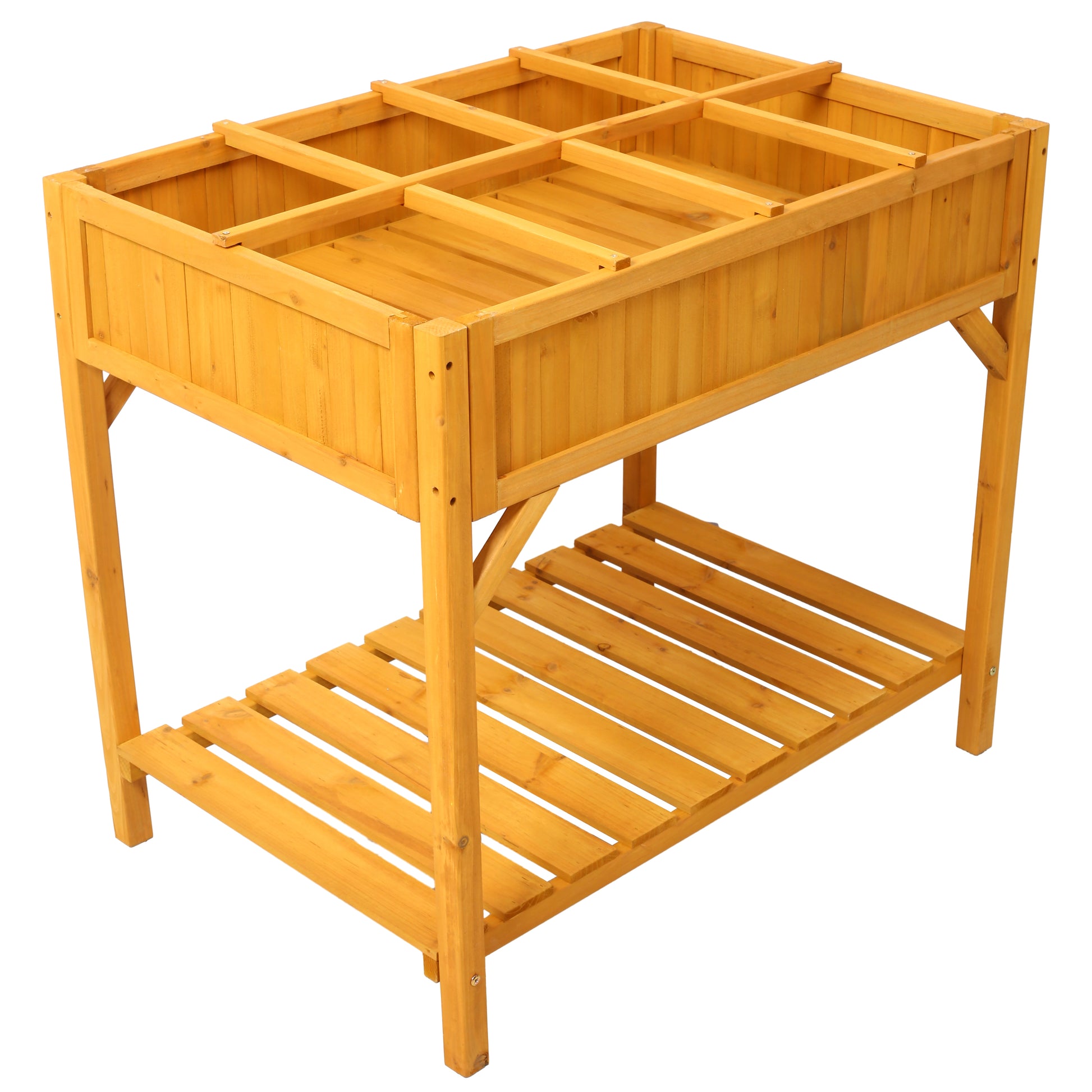 Natural wood raised garden bed with a lower shelf and grid dividers for planting