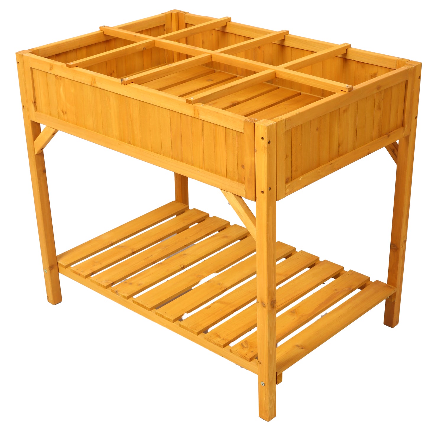 Wooden raised garden bed with two tiers and slatted lower shelf