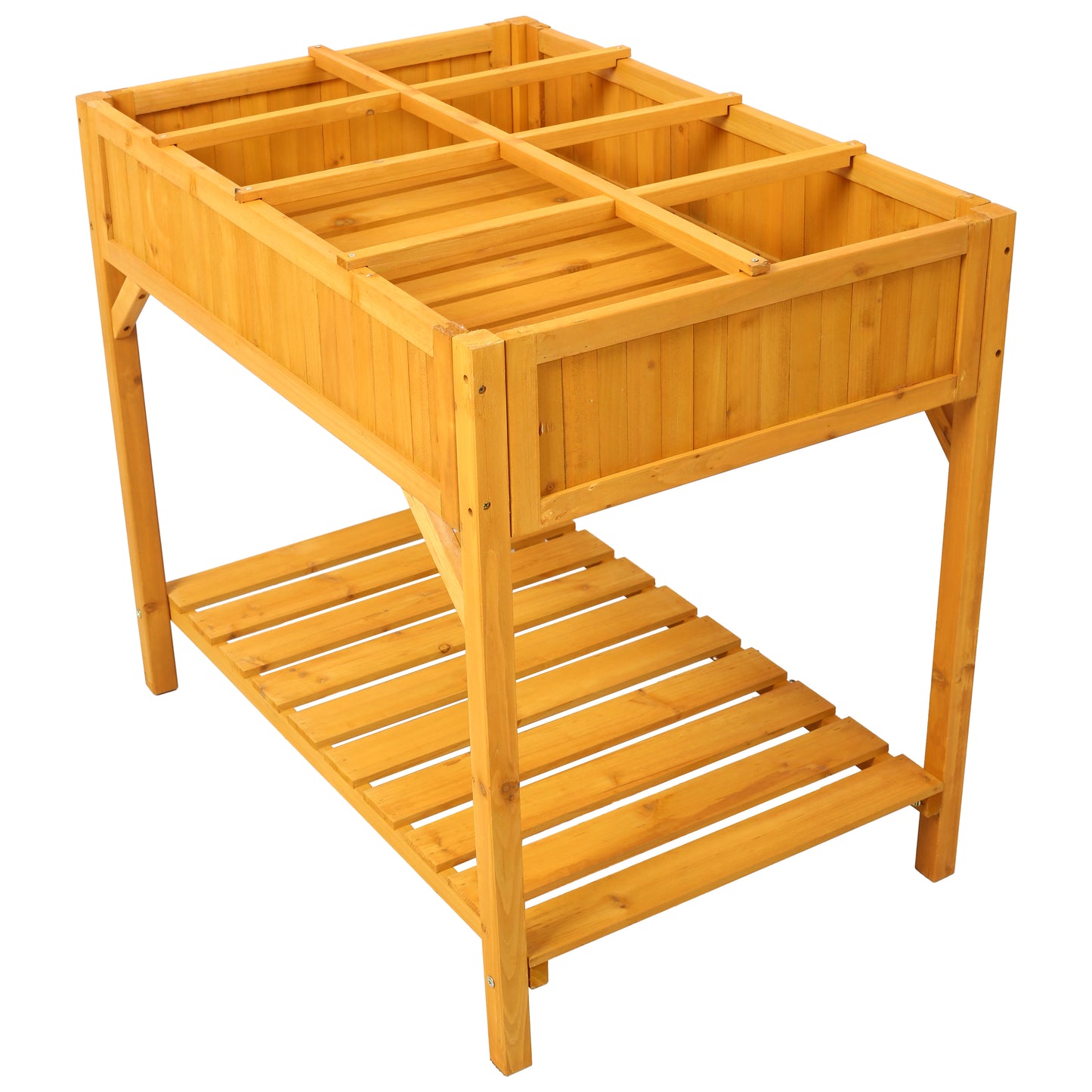 Natural wood elevated planter box with shelf for gardening