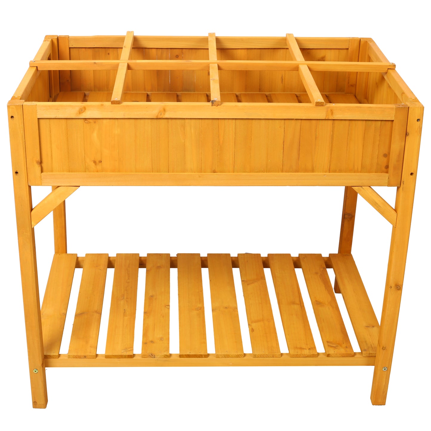 Wooden raised garden bed with storage shelf natural wood finish