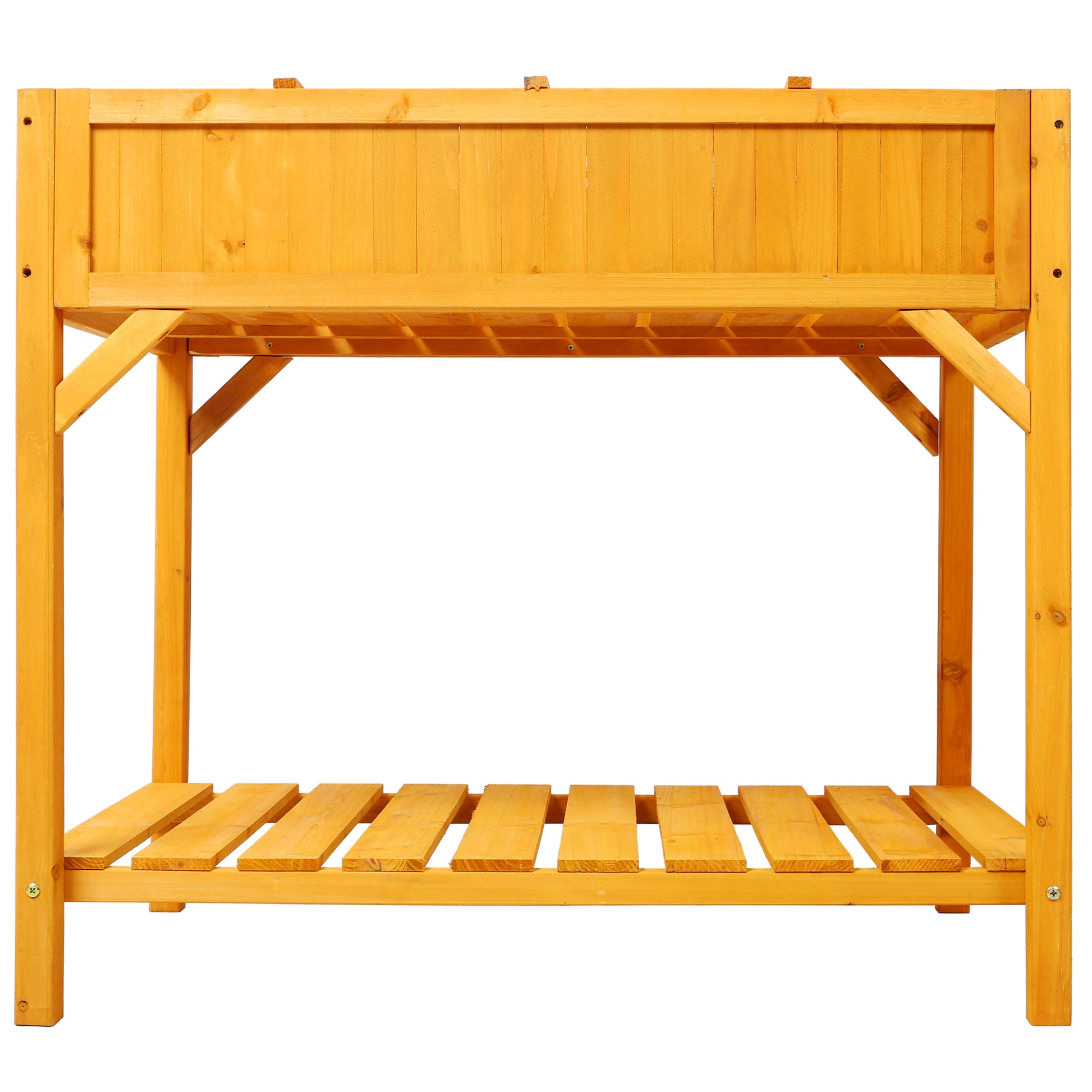 Natural wood raised garden bed with lower storage shelf