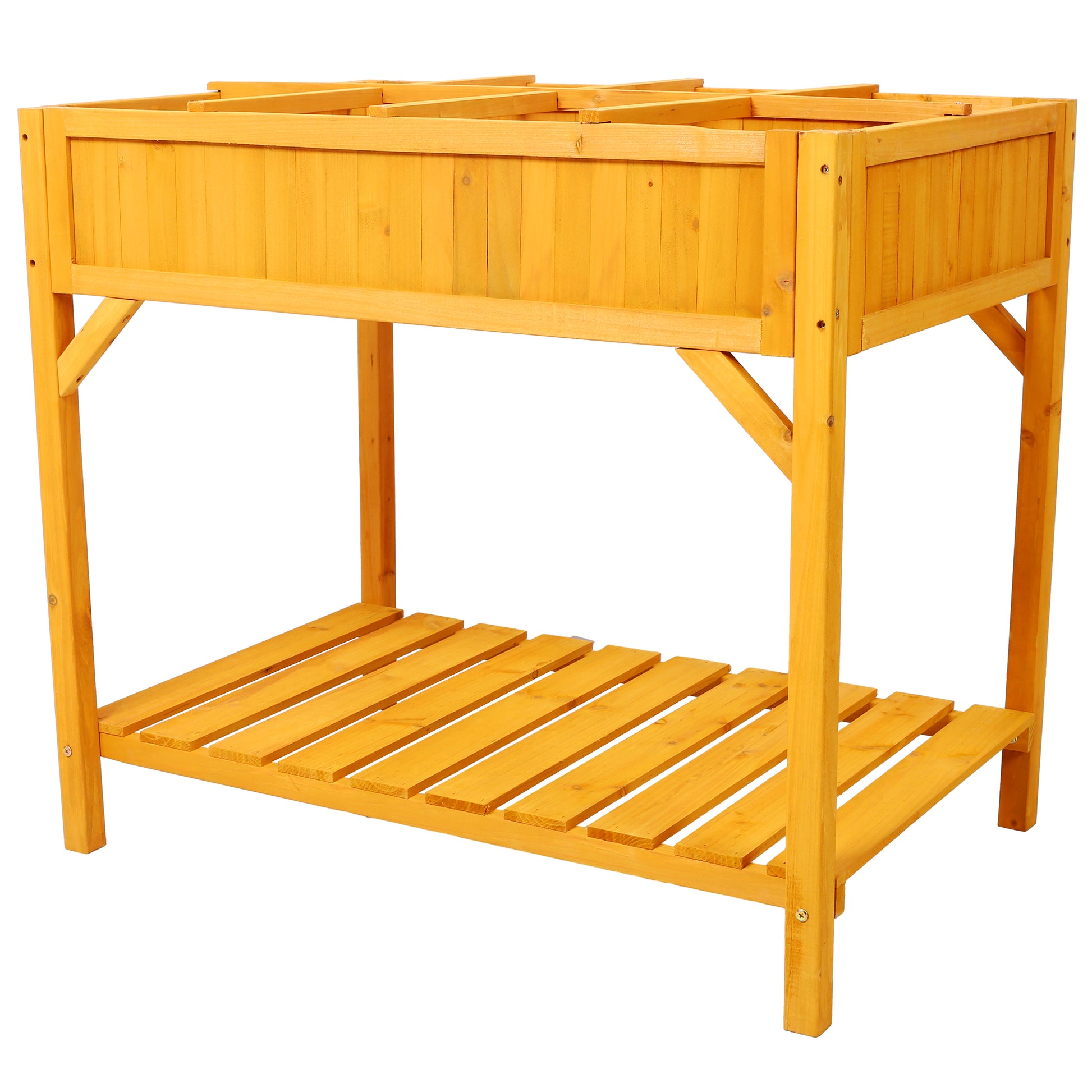 Yellow wooden raised garden bed with storage shelf for urban gardening