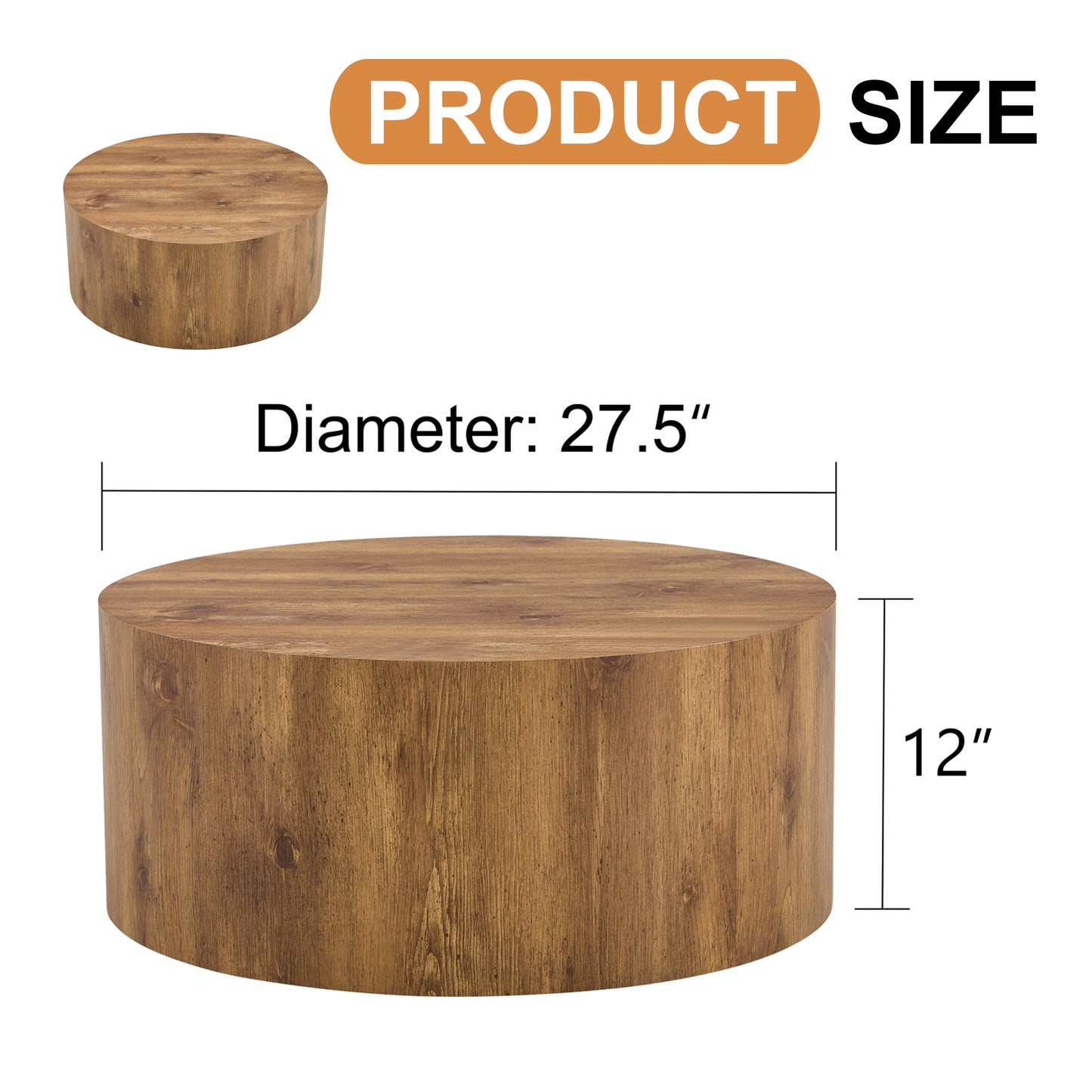 Round wooden accent table with a natural wood grain finish diameter  and height
