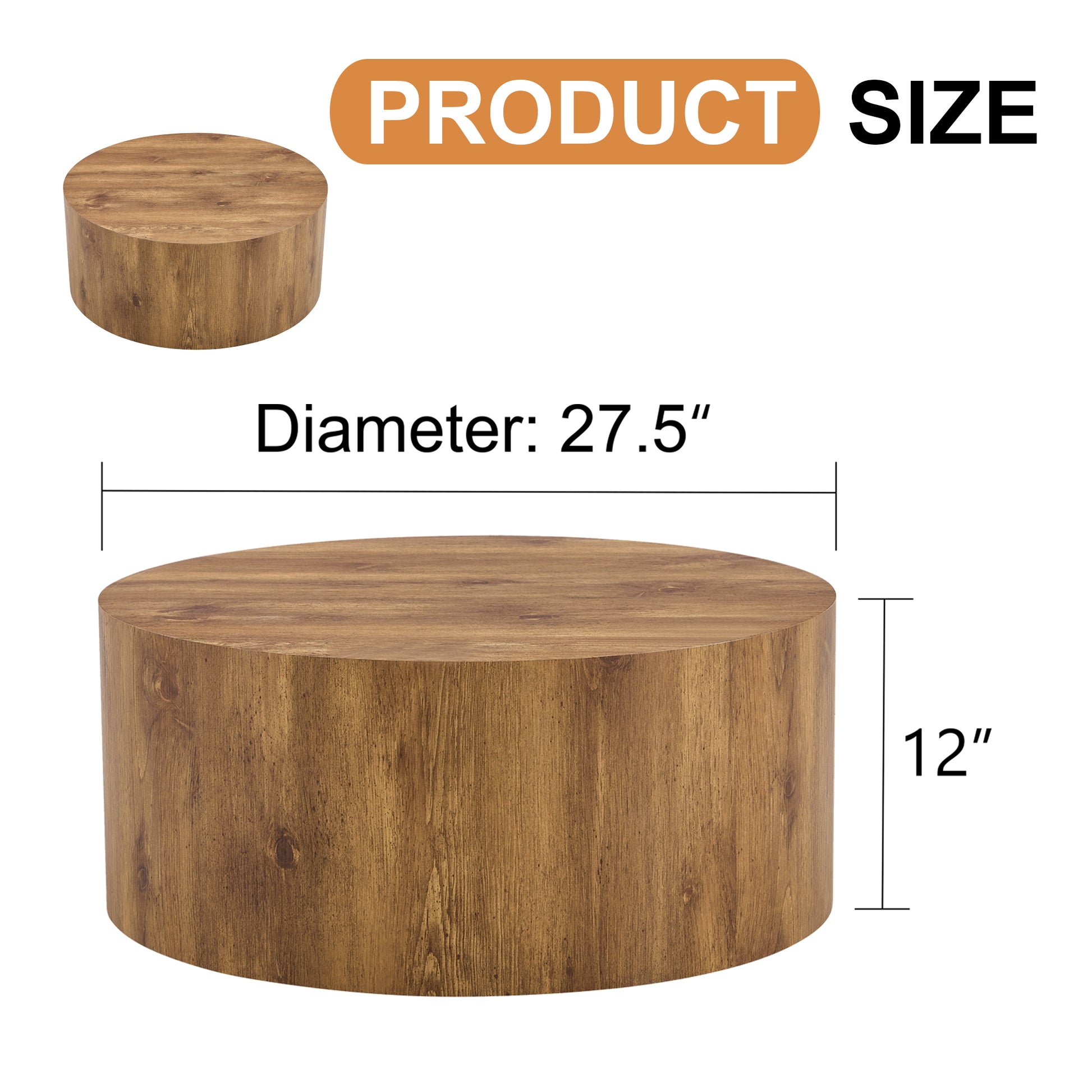 Round wooden accent table with a natural wood grain finish diameter  and height