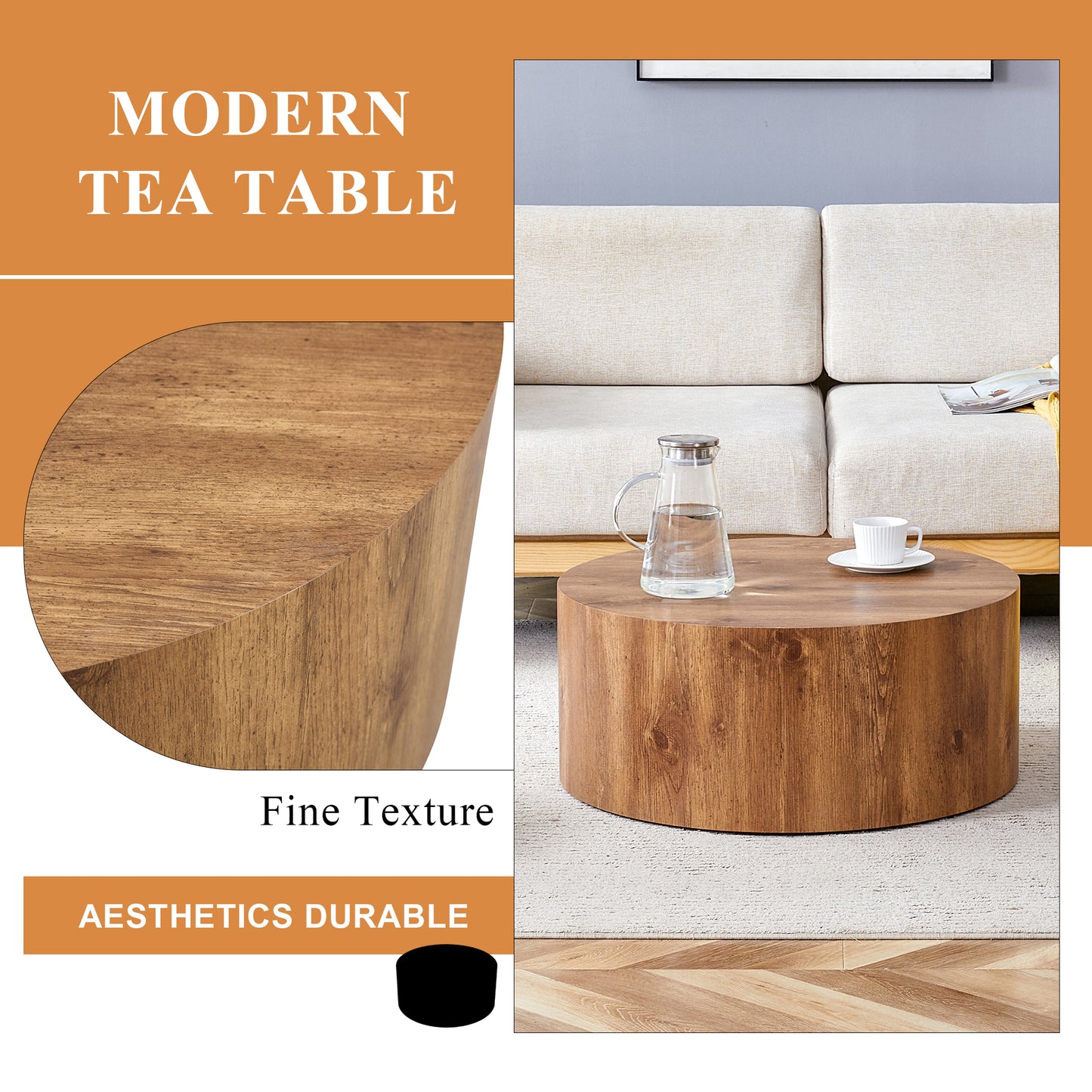Modern round wood grain tea table with a durable finish perfect for living rooms