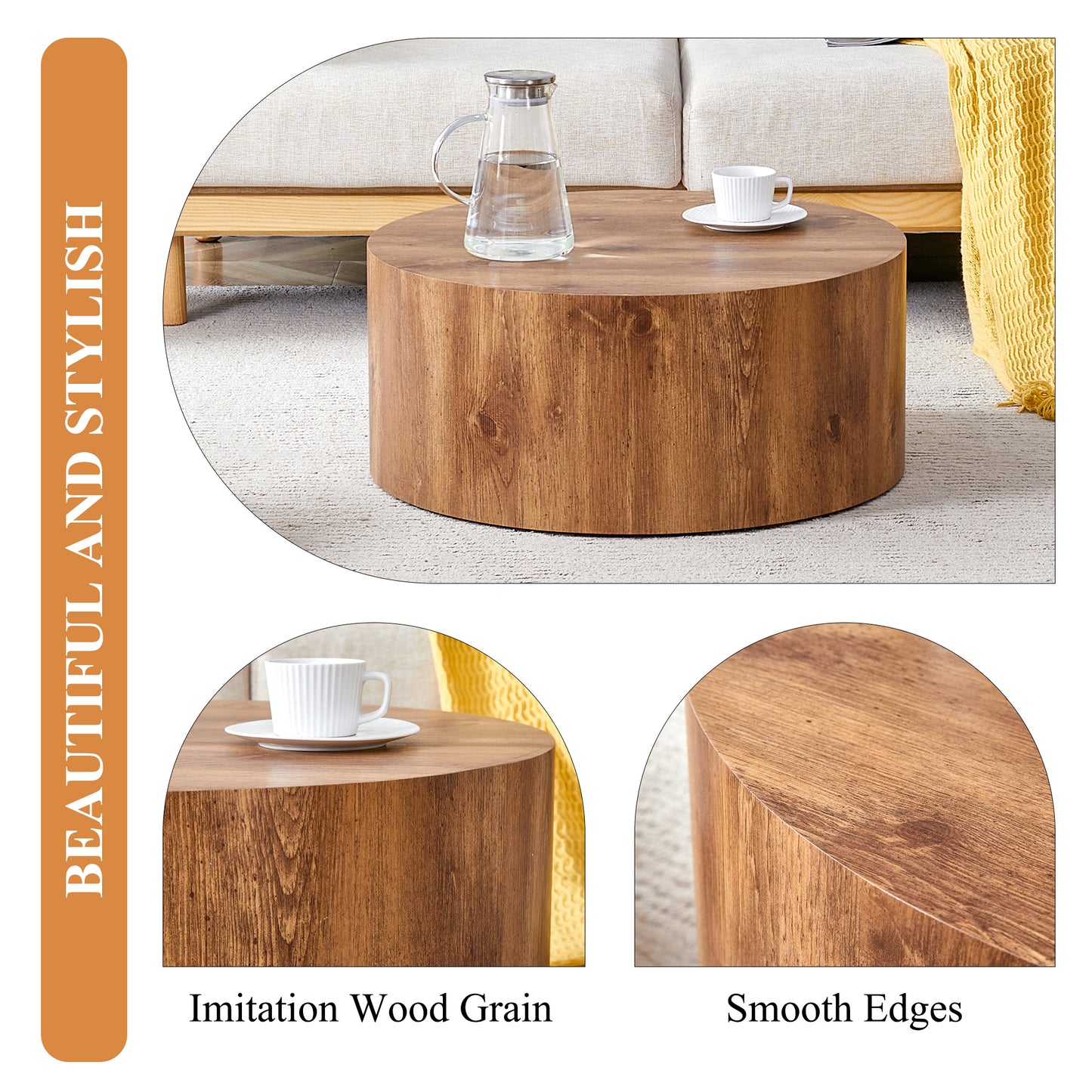 Round coffee table with realistic wood grain texture perfect for modern living rooms