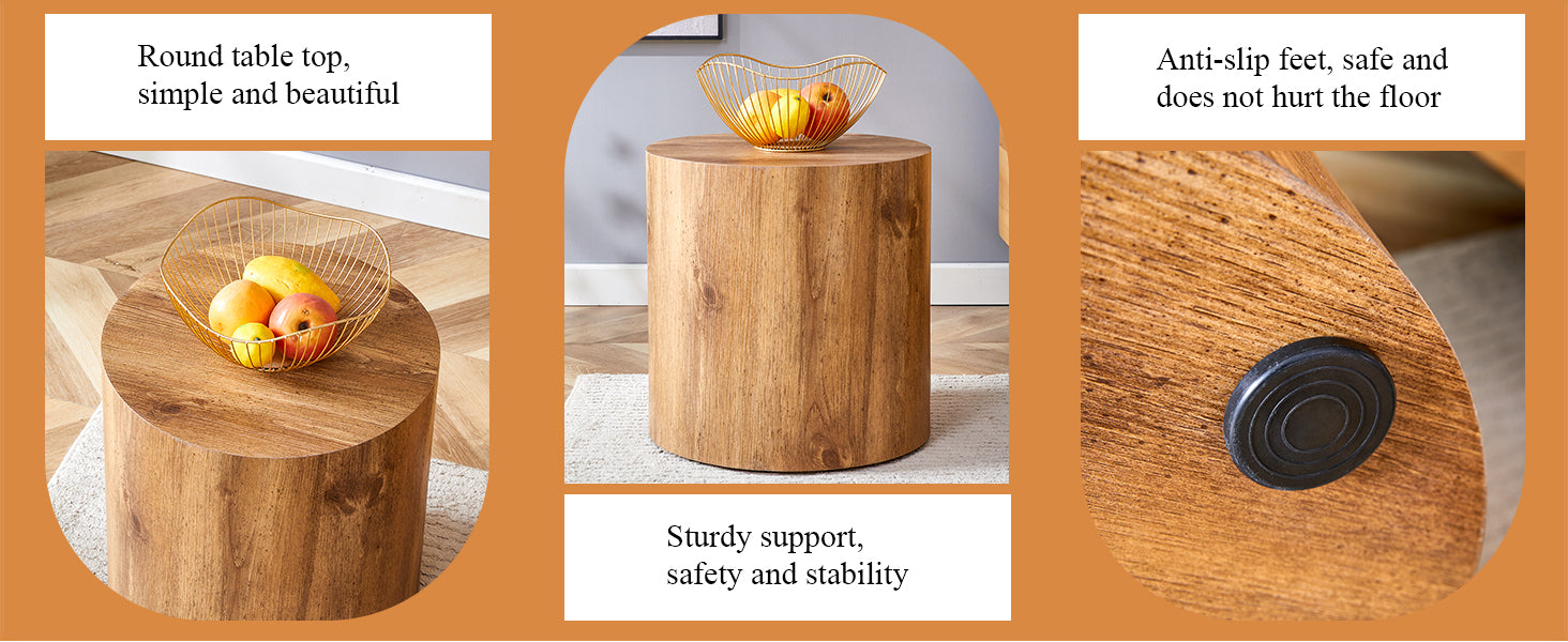 Round wooden side table with visible wood grain and fruit bowl on top