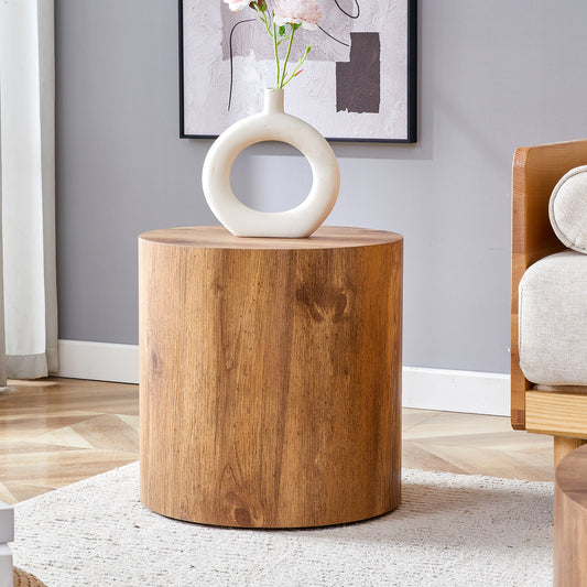 Round wooden side table with natural wood grain finish perfect for living rooms
