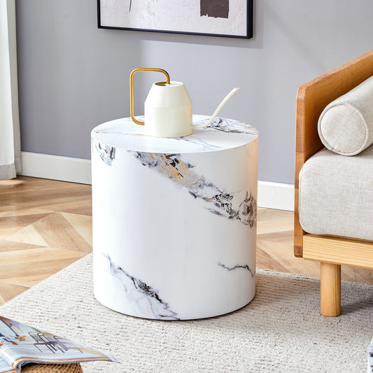 White cylindrical side table with black and gold marbleeffect finish