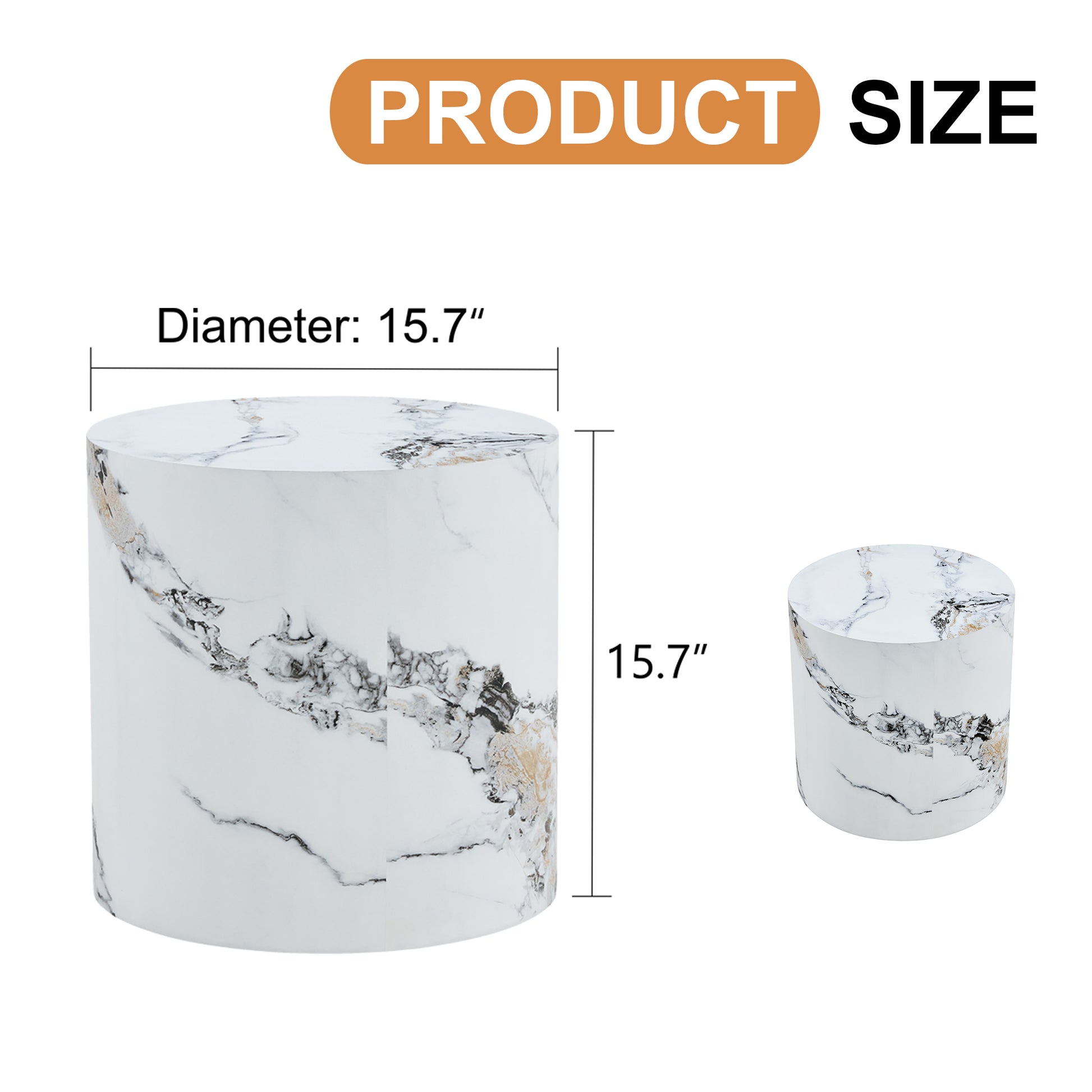White marble print side table with  inch diameter and height