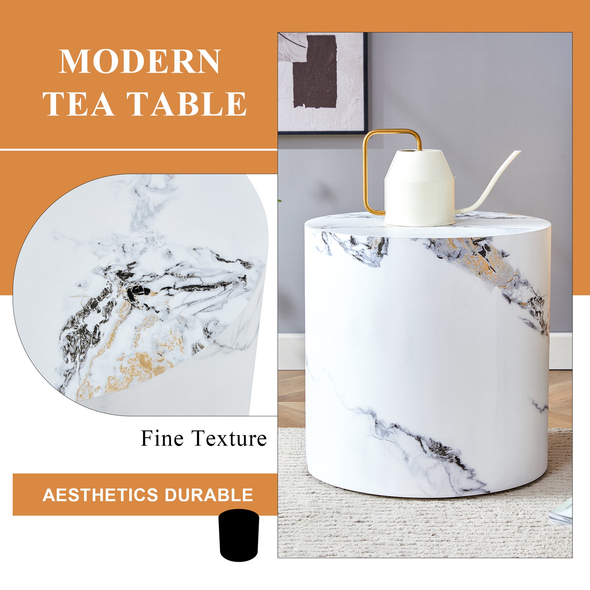 Cylindrical modern tea table with white and black marbleeffect finish