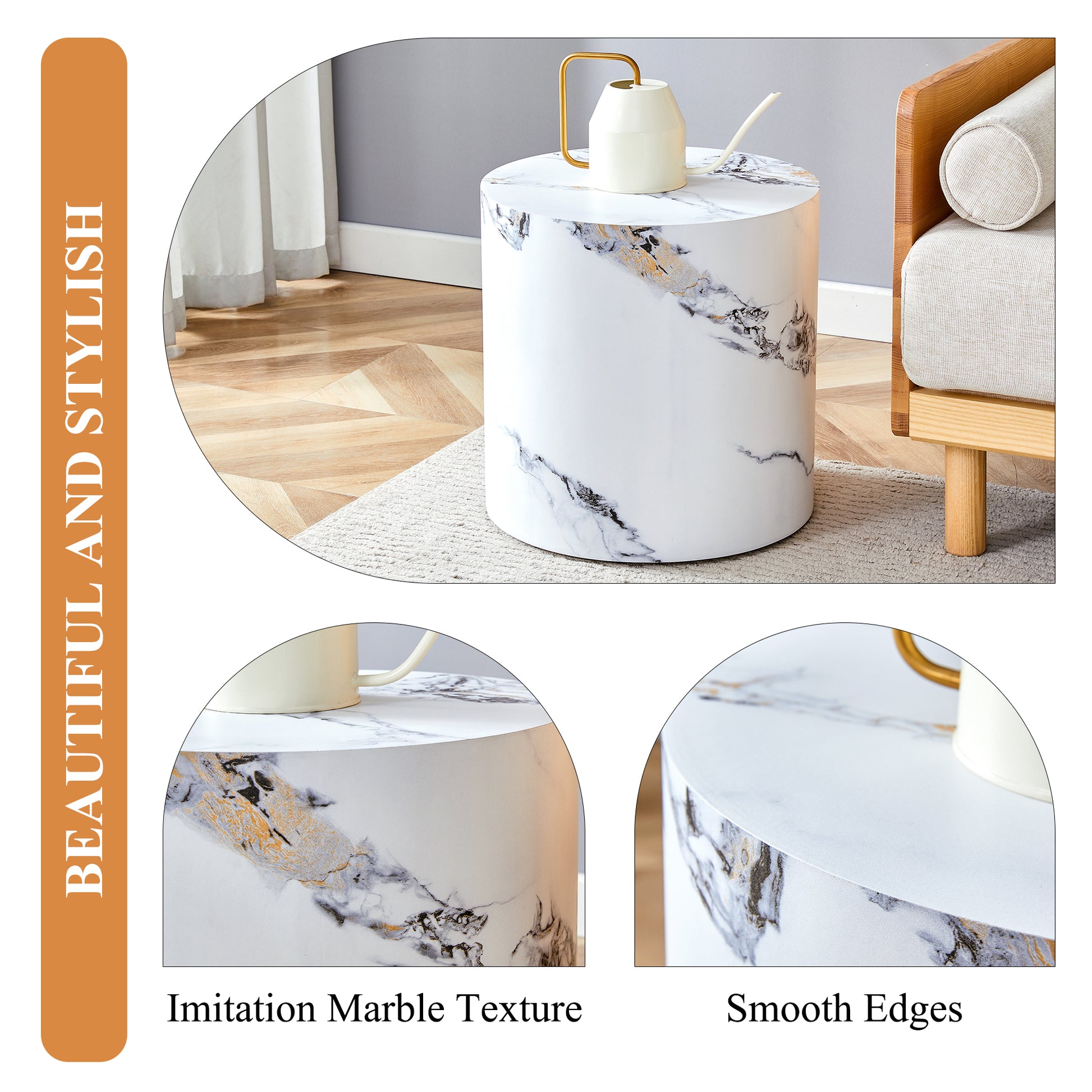 White round accent table with imitation marble print and gold accents
