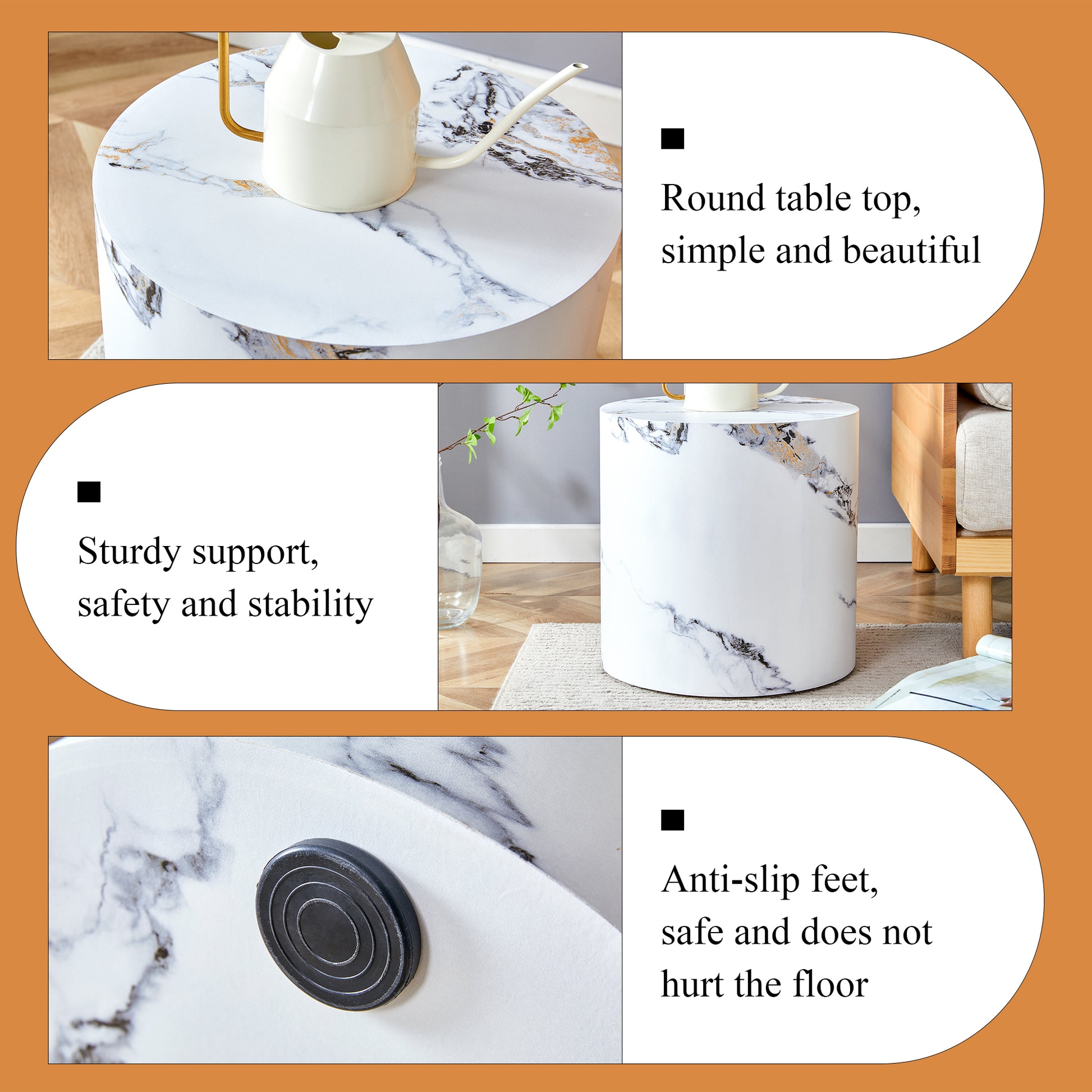 White round marble side table with gold accents and watering can