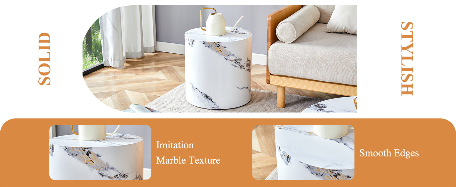 White cylindrical side table with realistic marble texture gold accents and brass handle