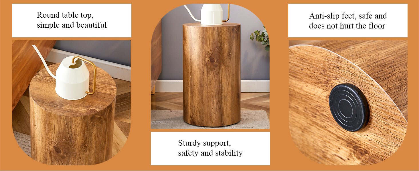 Cylindrical wooden side table with rich grain texture and white watering can