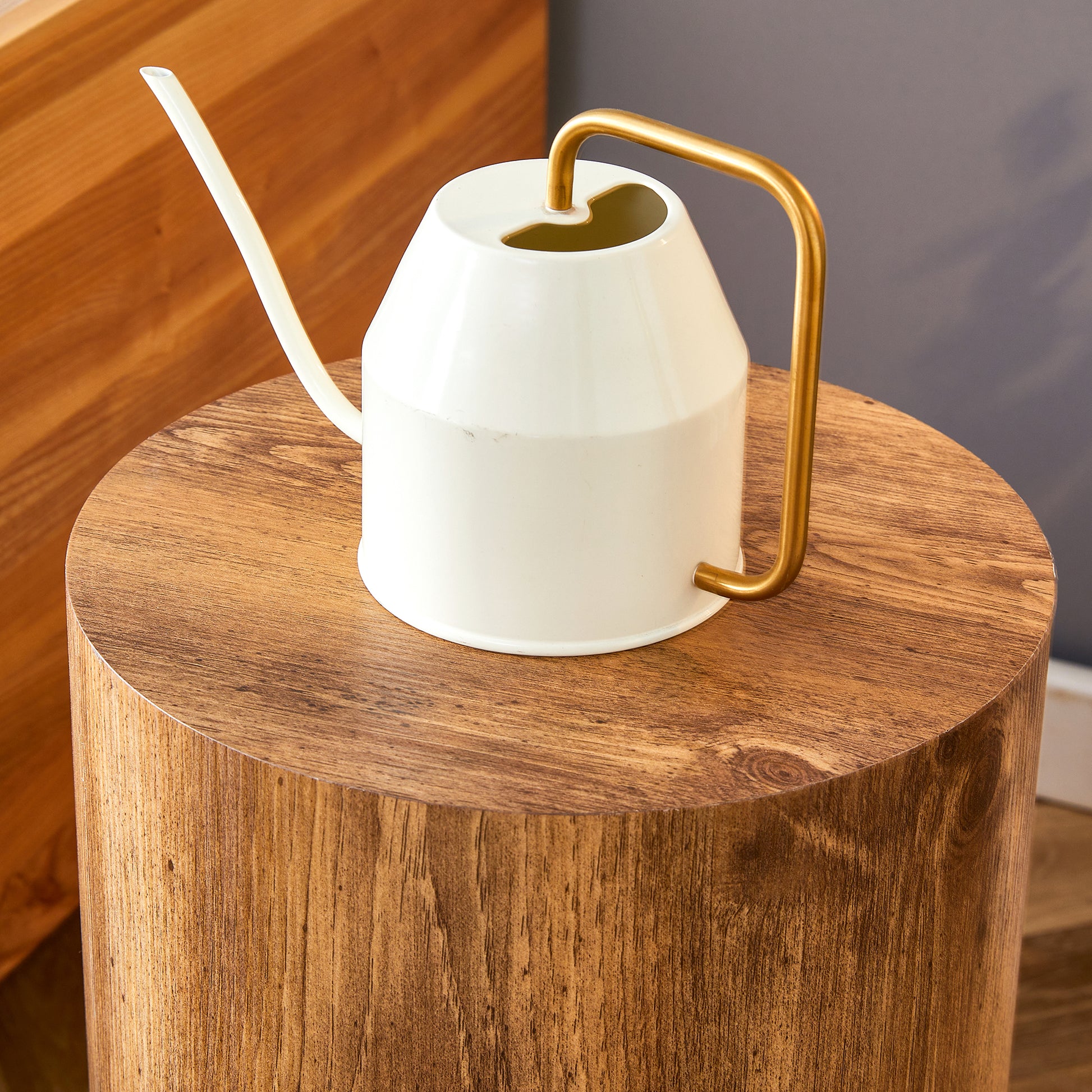 White metal watering can with gold handle ideal for indoor plants