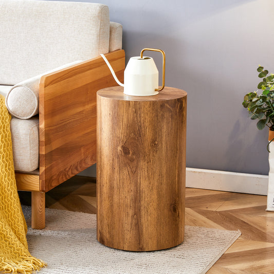 Round wooden side table with natural wood grain texture perfect for modern living rooms