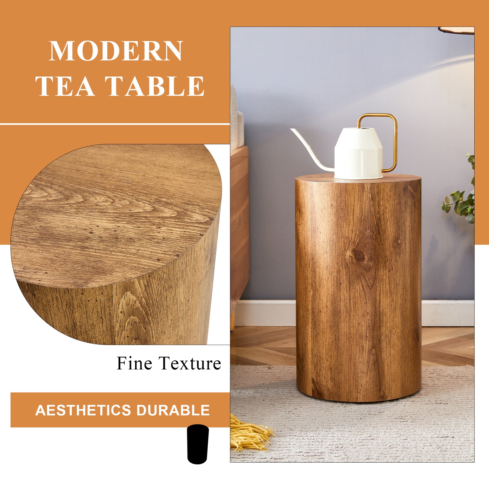 Round modern tea table with natural wood grain texture