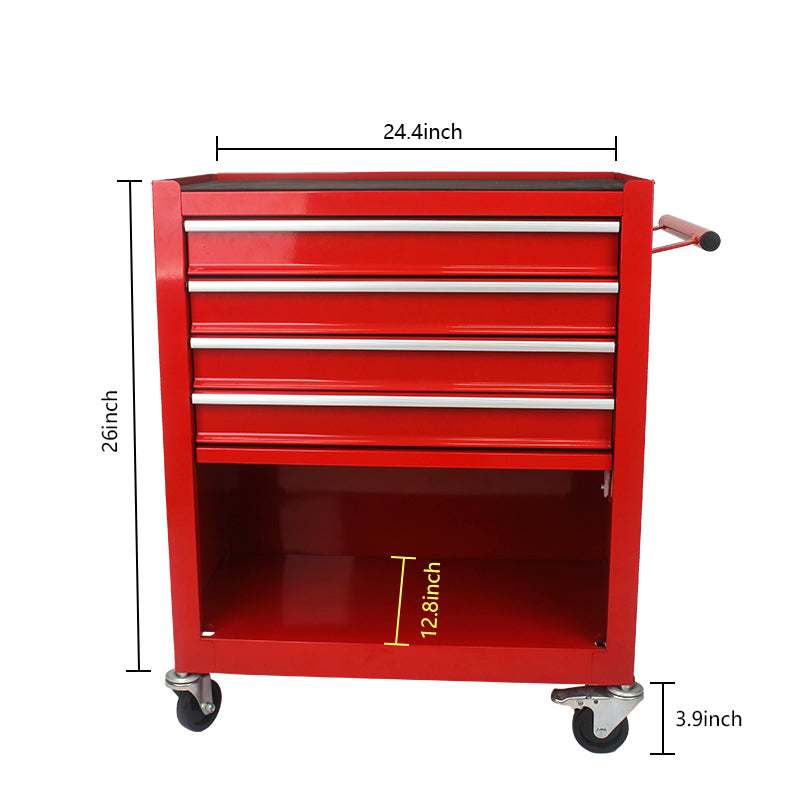 Red drawer rolling tool chest with silver handles and casters