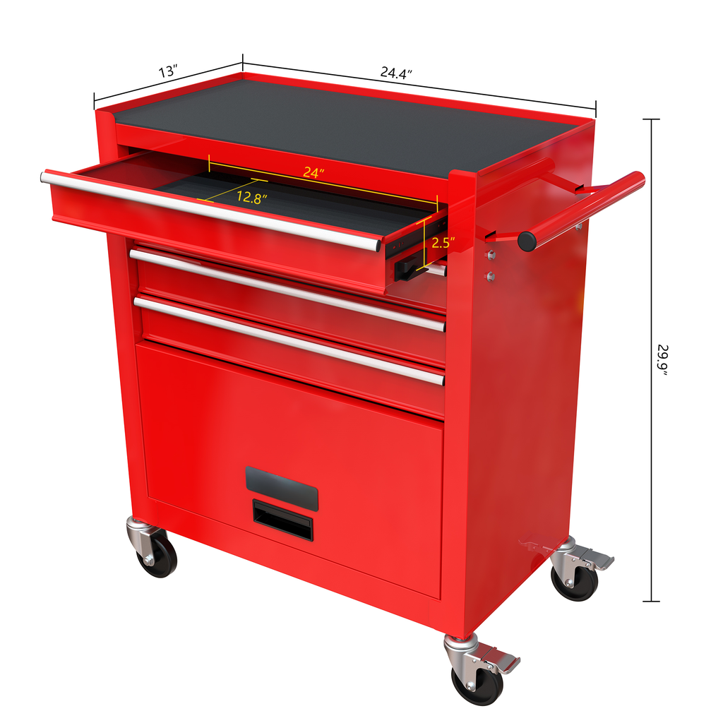Red steel rolling tool chest with multiple drawers and black top