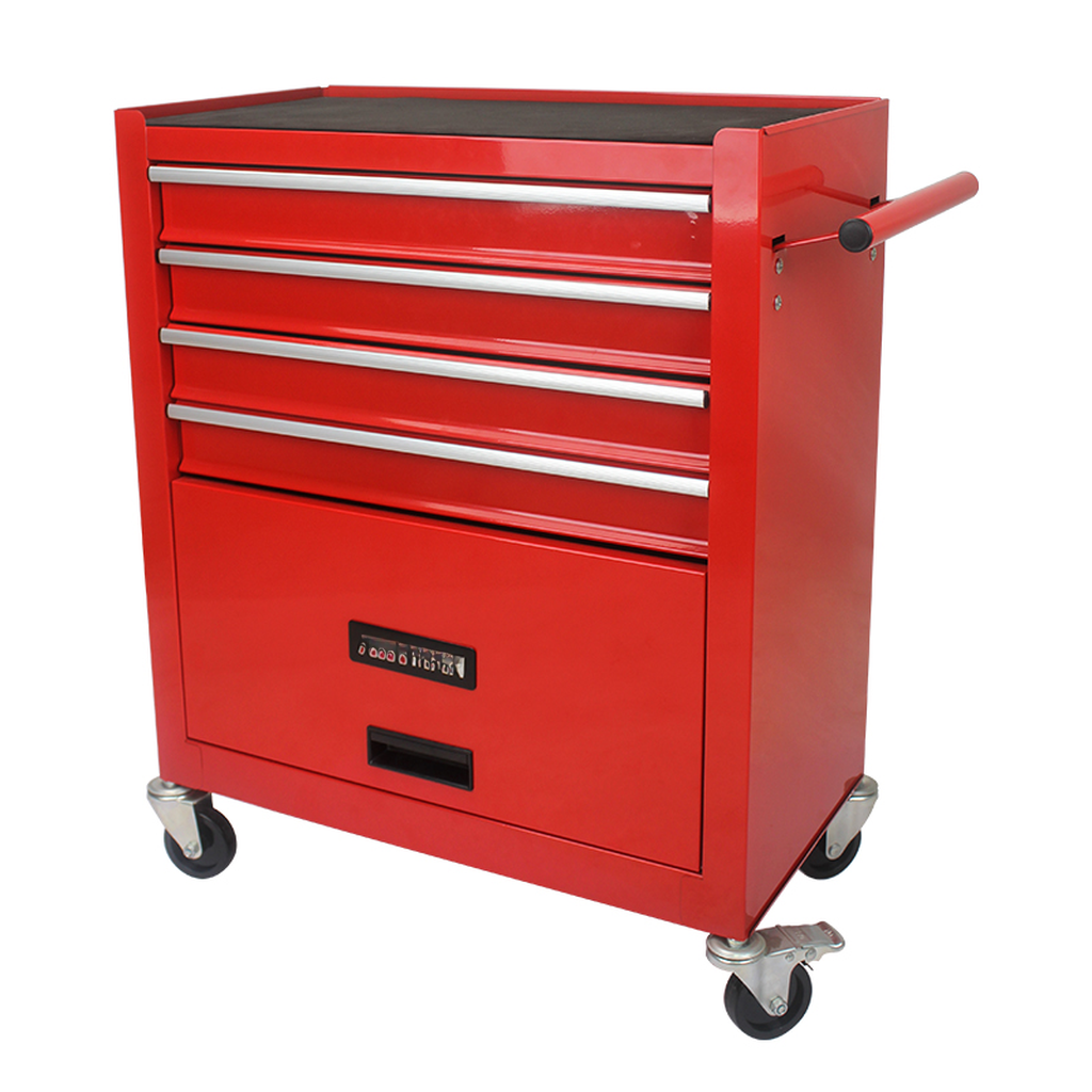 Red fivedrawer rolling tool chest with silver handles and black top